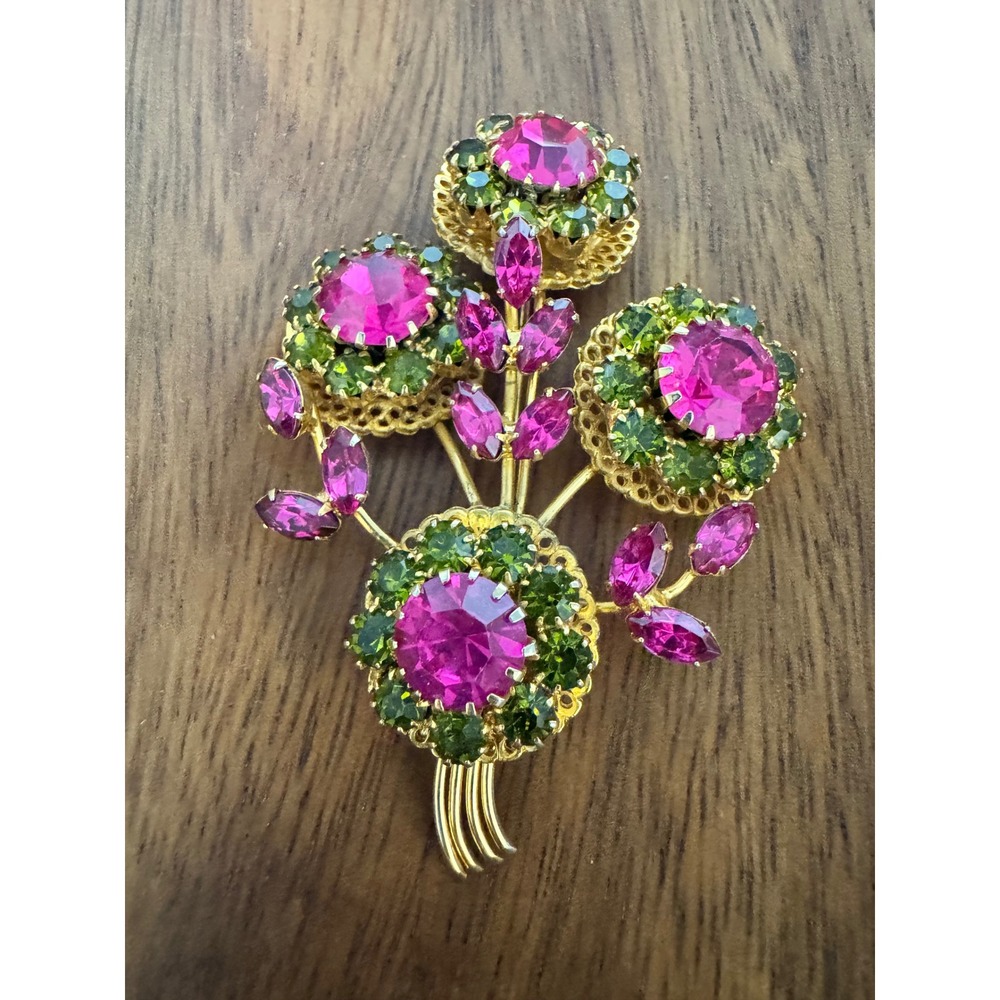 Vintage Floral Bouquet Brooch Pink Green Rhinestone Gold Tone Flower Pin